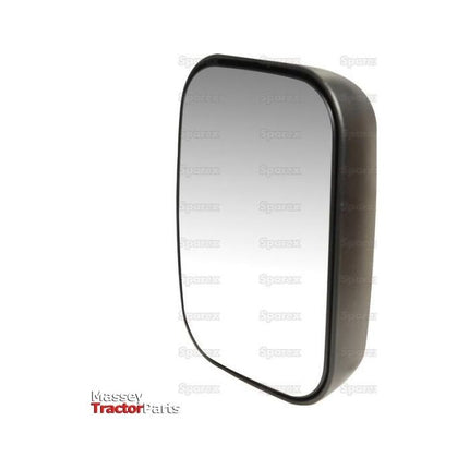 The Mirror Head - Rectangular, Convex - Heated (S.128828) is a universal fitting rearview mirror with dimensions of 305 x 215mm. It features a black plastic frame and is suitable for Massey tractors. The background includes a repeating "Sparex" watermark, and the bottom left corner displays the Massey Tractor Parts logo. For optimal clarity, this mirror can be upgraded with replacement glass.