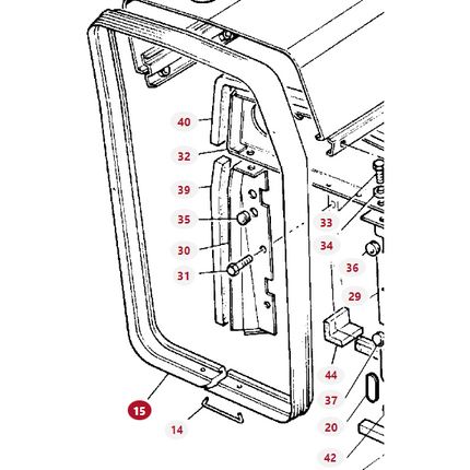 Diagram of a door assembly with various parts labeled by numbers 14 to 47, highlighting the door frame, internal components, and screws for easy identification. Ideal for MF Models or those looking into Massey Ferguson assemblies. For example, the Massey Ferguson - Moulding - 1876153M1 by AGCO is well-suited for these applications.