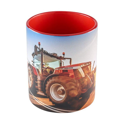 The Massey Ferguson - Mug MF 8S.265 (X993442202000) by AGCO features an image of a red Massey Ferguson tractor with a vibrant red interior and is crafted from ceramic.
