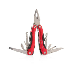 The Massey Ferguson Multi Tool Kit (X993032201000) by AGCO features a red-handled aluminium multi-tool equipped with practical attachments, including pliers, a ruler, a saw, a knife, and several other tools.