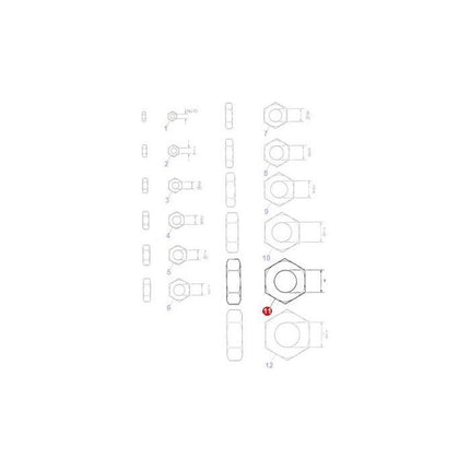 Technical drawing showing various views and dimensions of the AGCO Massey Ferguson 1" UNF hexagonal nut (Part Number: 355646X1) and its components, labeled with numbers and line measurements.
