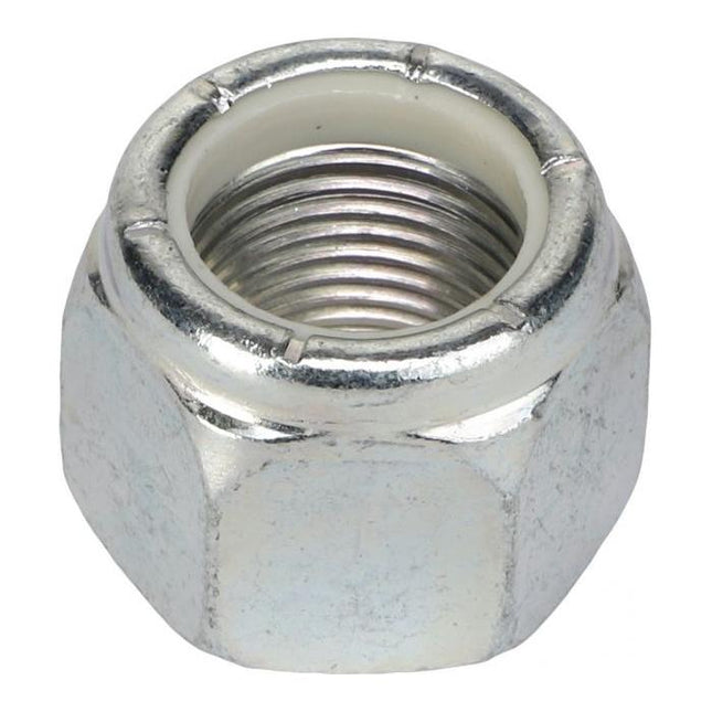 A close-up image of the AGCO Massey Ferguson - Nut 3/4unf Lock - 376451X1, featuring precise internal threading, commonly used in Massey Ferguson tractor parts.