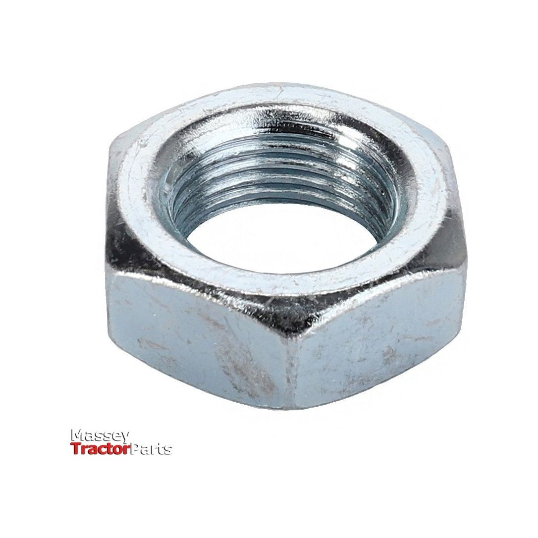 A hexagonal metal nut with a threaded interior, specifically the Massey Ferguson - Nut 5/8 UNF - 353429X1 - 70922014 from AGCO, is shown against a white background. The text "Massey Tractor Parts" is visible in the lower left corner.