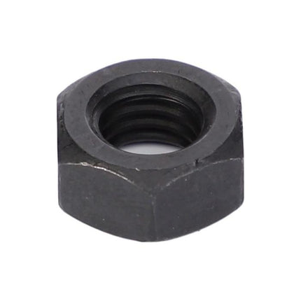 A black metal hex nut with internal threading, specifically designed as a reliable component for the Massey Ferguson 3600 Series tractor parts, available under the product name AGCO Massey Ferguson - Nut Exhaust Manifold - V504800800.