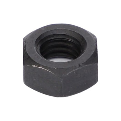 A black metal hex nut with internal threading, specifically designed as a reliable component for the Massey Ferguson 3600 Series tractor parts, available under the product name AGCO Massey Ferguson - Nut Exhaust Manifold - V504800800.