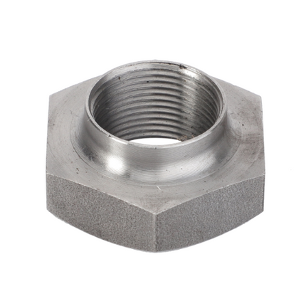 Close-up of a metallic hex nut from AGCO, highlighting the visible threading inside its Massey Ferguson - Nut Stub Axle (3907654M1). The nut features six flat sides and a cylindrical threaded hole in the center.