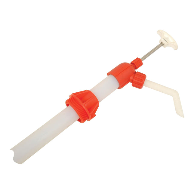 A plastic hand pump with a red base, white shaft, and a spout is shown on a white background. Ideal for transferring liquids from large containers, this versatile tool, the Nylon Self Priming Chemical Lift Pump - S.25458 by Sparex, can handle everything from lacquers thinners to 205-litre drum pumps efficiently.