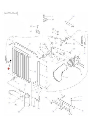 Exploded view diagram of a Massey Ferguson tractor's radiator system showing all components, including the radiator, hoses, clamps, and mounting brackets; such as the AGCO branded 'Massey Ferguson - O Ring Air Con - 3010472X1', each numbered for identification by its serial number.