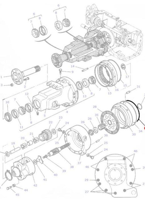 An exploded diagram of a mechanical component assembly features various numbered parts, including gears, bearings, and housing components. It also provides a detailed placement of the Massey Ferguson O Ring Brake Piston (3617901M2) by AGCO, all meticulously arranged and labeled for clear identification.