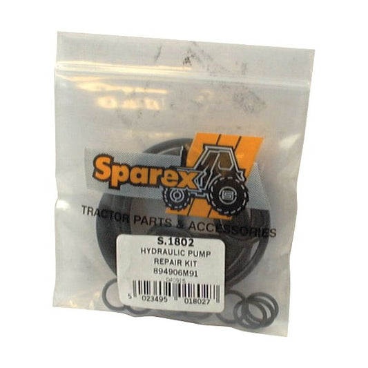 A hydraulic pump repair kit in a clear plastic bag with a label reading "Sparex Tractor Parts & Accessories O'Ring Kit | Sparex Part No.S.1802," suitable for Massey Ferguson models.