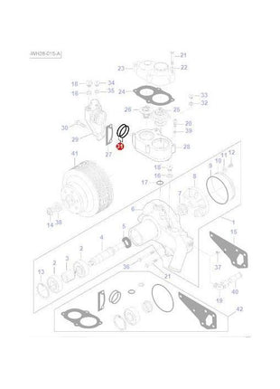 Exploded diagram of a Massey Ferguson tractor mechanical assembly featuring the AGCO-branded O Ring Thermostat Housing (V614604958), complete with numbered parts and corresponding labels, displaying various components such as gaskets, bolts, and a cylindrical structure.