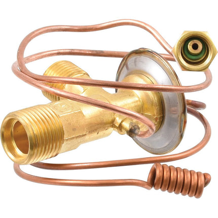 A brass O Ring Type Expansion Valve with connected copper tubing and fittings, compatible with Case IH equipment, available as Sparex Part No. S.106790 from the Sparex brand.