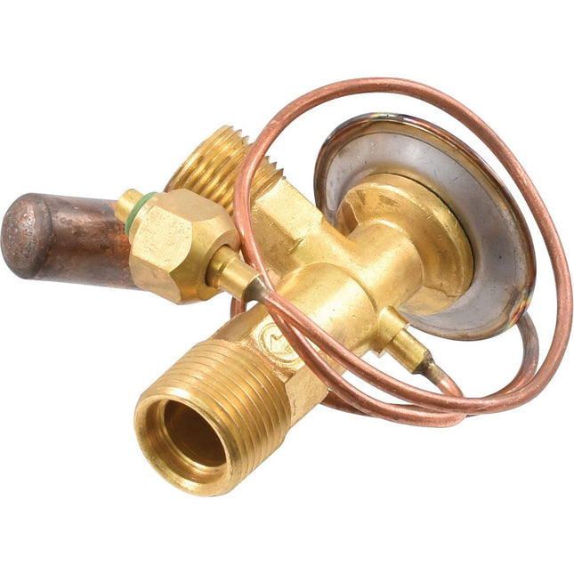 Close-up of a Sparex O Ring Type Expansion Valve (Sparex Part No. S.106791) featuring brass thermocouple with copper tubing, threaded connections, and a 9'' capillary tube.