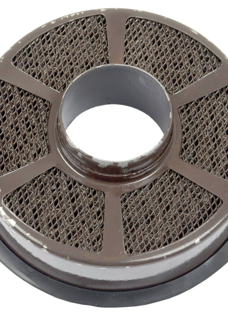 A round metal object with a central hole and a set of triangular mesh sections arrayed in a circle around it. The outer edge is dark, and the surface shows signs of wear, resembling an aged Sparex Oil Bath Element - S.40554 with a 150mm outer diameter.