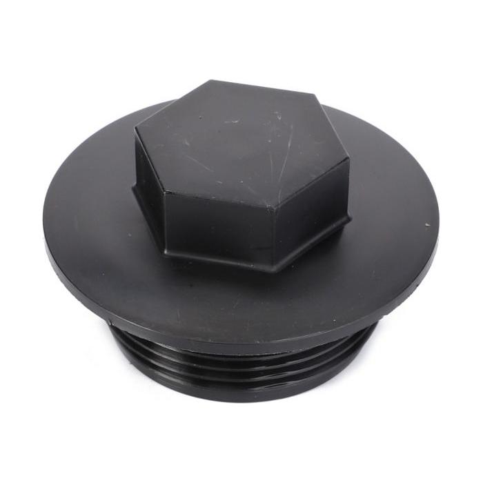 AGCO Massey Ferguson Oil Cap 4301166M1 black plastic threaded hex screw plug with a flat, circular top and hexagonal central section.