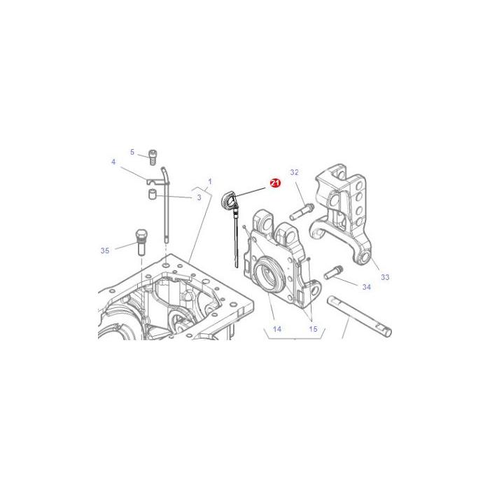 Diagram of a Massey Ferguson engine assembly showing various components with numbered labels, including a highlighted AGCO part labeled with the number 27 (Oil Dipstick - 4300359M1 - 4304857M1).