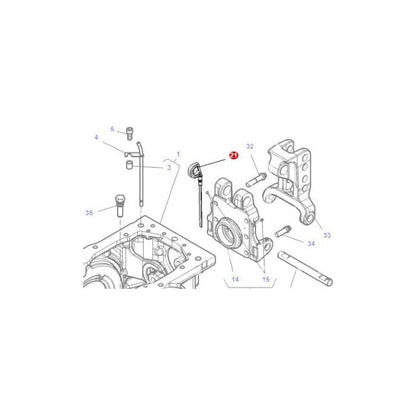 Diagram of a Massey Ferguson engine assembly showing various components with numbered labels, including a highlighted AGCO part labeled with the number 27 (Oil Dipstick - 4300359M1 - 4304857M1).