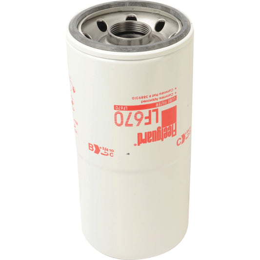 A white cylindrical oil filter with red lettering that reads "Fleetguard LF670," a reliable John Deere compatible filter built to meet stringent specifications, branded as the Oil Filter - Spin On - LF670 from Sparex, Part No.S.76632.
