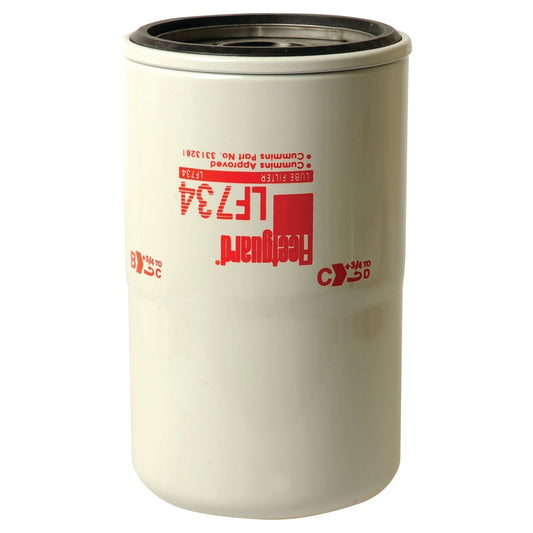 A white, cylindrical Sparex oil filter LF734, featuring red text and logos, boasts a thread size UNS-2B for secure fitting.