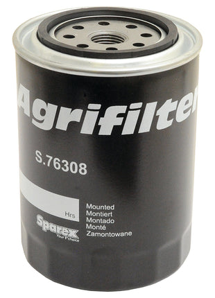 A black cylindrical oil filter labeled "Sparex Oil Filter - Spin On, Part No. S.76308" with additional information printed on the front, suitable for Claas DOMINATOR.
