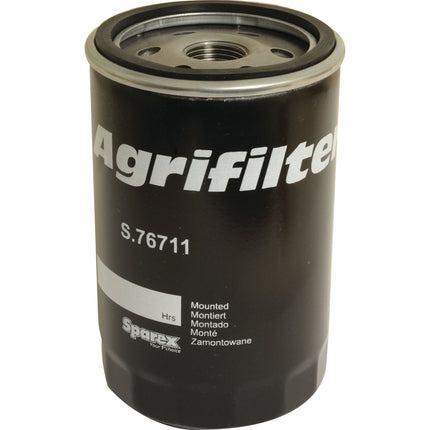 The Sparex Oil Filter - Spin On, part number S.76711, fits seamlessly into your Case IH machinery. Featuring a cylindrical design with a threaded opening, it boasts clear white text on a sleek black body for easy identification and dependable performance.