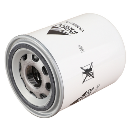 A white cylindrical automotive oil filter featuring various printed markings, including a recycling symbol, brand identification, and a serial number typically found on tractor parts under the name Massey Ferguson; this specific model is the AGCO-branded Massey Ferguson Oil Filter V836862582.