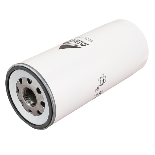 This white cylindrical oil filter, featuring a threaded center with printed text and symbols on the side, is ideal for Massey Ferguson tractor parts from the 7200 Series. It's branded by AGCO under the product name Massey Ferguson - Oil Filter - V837074523.