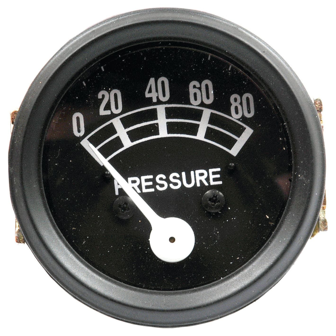 Close-up of a round Oil Pressure Gauge (Sparex Part No. S.60758) with a black face, white numbers from 0 to 80, and a needle pointing to 20. The word "PRESSURE" is written in white at the center of the gauge. This Sparex gauge is perfect for all 4-cylinder vintage vehicles from 1953 to 1964.