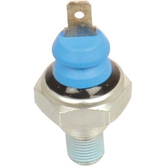The Sparex Oil Pressure Switch, part number S.118836, is compatible with Perkins Engines and features a blue rubber sealing, a metal connector, a single electrical terminal, and a threaded base.