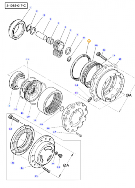 Exploded view diagram of a mechanical assembly for Massey Ferguson - Oil Seal - 3429167M1 by AGCO, complete with numbered components, including gears, bearings, and bolts, labeled 3-1985-017-C.