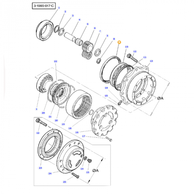Exploded view diagram of a mechanical assembly for Massey Ferguson - Oil Seal - 3429167M1 by AGCO, complete with numbered components, including gears, bearings, and bolts, labeled 3-1985-017-C.