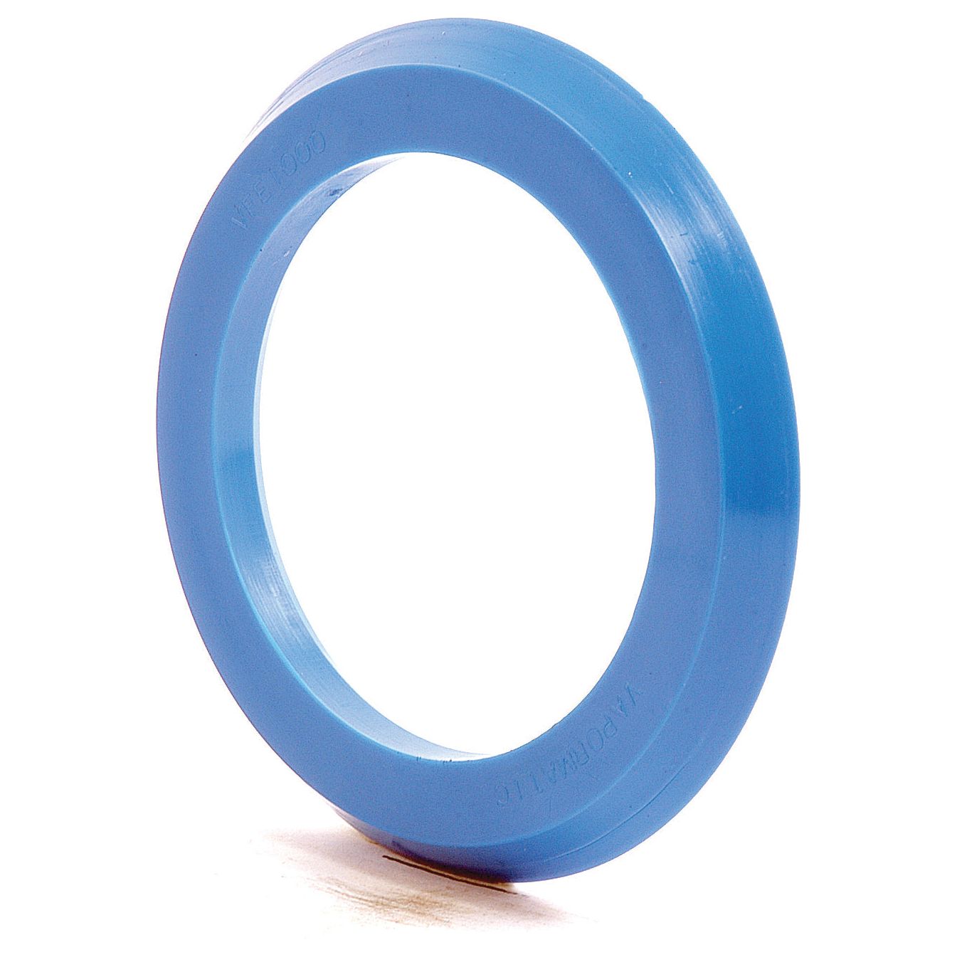 A blue plastic ring, resembling the Oil Seal (45.5 x 64.7 x 6mm) Sparex Part No. S.43308, stands upright on a white surface.