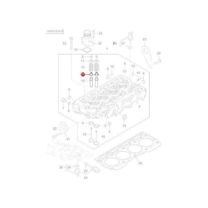 Exploded view of an engine cylinder head assembly, labeled with numbers identifying various components and their positions, featuring the Massey Ferguson Oil Seal Valve Stem (product code: 4226272M1) by AGCO for use in Massey Ferguson's 5400 Series.