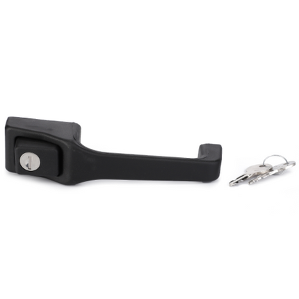 AGCO's Massey Ferguson - Outer Door Handle 300srs (3476151M1) in black, featuring an attached lock mechanism, comes with a set of keys on a circular keyring placed beside it on a white background. Ideal for Massey Ferguson 300 Series tractor parts.