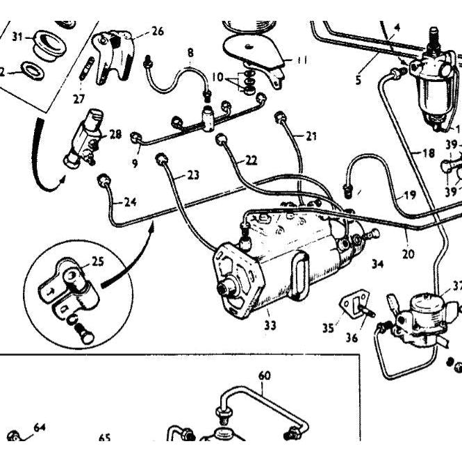 Black and white technical diagram showing various numbered engine parts and connectors, including a fuel injector (33), valves, and pipes, with arrows and numbers indicating their arrangement. The detailed illustration provides key product information for AGCO machinery, featuring components like the Massey Ferguson - PIPE - 826223M91 for models such as the MF 35.