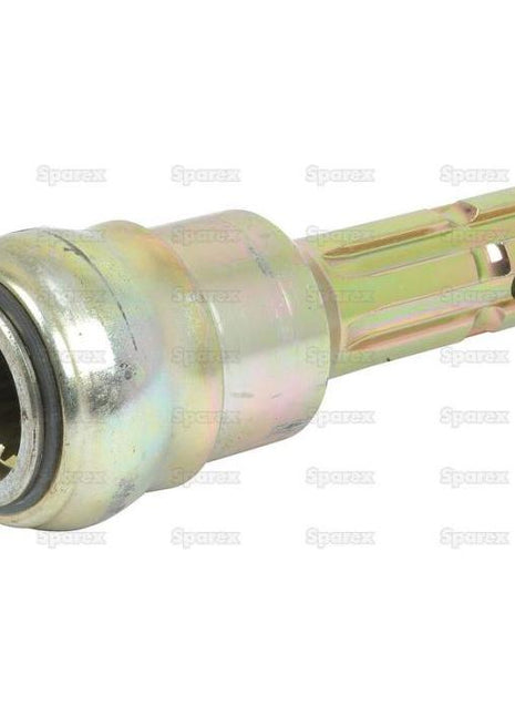 The Sparex PTO Adaptor - Female spline 1 3/8'' - 21 x Male spline 1 3/8'' - 6 with Quick Release Collar (S.23739) is a metallic cylindrical coupling component featuring grooved fittings and a smooth outer surface, designed for use in machinery or mechanical applications, and is often integrated with a quick-release collar for ease of use.