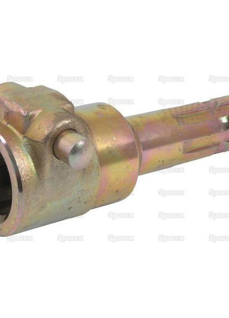The PTO Adaptor - Female spline 1 3/4'' - 6 x Male spline 1 3/8'' - 6 with Quick Release Pin (S.151770) by Sparex, is a metallic, cylindrical adapter featuring a splined shaft and a hexagonal socket, designed to connect parts in machinery efficiently.