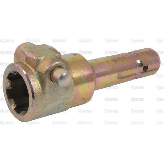 The PTO Adaptor - Female spline 1 3/4'' - 6 x Male spline 1 3/8'' - 6 with Quick Release Pin (S.151770) by Sparex, is a metallic, cylindrical adapter featuring a splined shaft and a hexagonal socket, designed to connect parts in machinery efficiently.