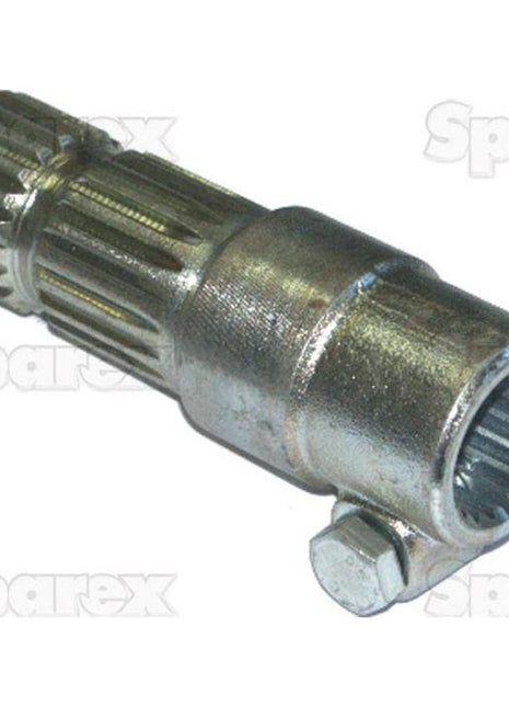 The PTO Adaptor - Female spline 1 3/8'' - 21 x Male spline 1 3/4'' - 20 with Clamp Bolt (S.23755) from Sparex features metal splined shafts with grooved teeth and a secure clamp bolt at one end. The background displays a repeated Sparex logo.