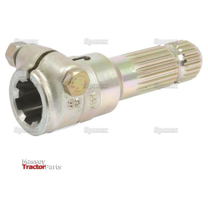 The Sparex PTO Adaptor (S.3742) is a metallic coupling shaft part designed for Massey Ferguson tractors. It features a 1 3/8'' female spline with 6 teeth on one end and a 1 3/8'' male spline with 21 teeth on the other, secured by a clamp bolt. Ideal for applications of up to 70 horsepower, "Massey Tractor Parts" is inscribed in the bottom left corner for easy identification.