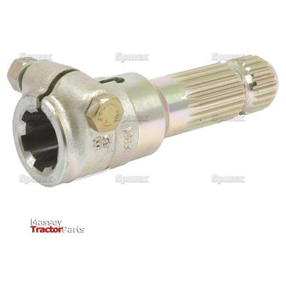 The Sparex PTO Adaptor (S.3742) is a metallic coupling shaft part designed for Massey Ferguson tractors. It features a 1 3/8'' female spline with 6 teeth on one end and a 1 3/8'' male spline with 21 teeth on the other, secured by a clamp bolt. Ideal for applications of up to 70 horsepower, "Massey Tractor Parts" is inscribed in the bottom left corner for easy identification.