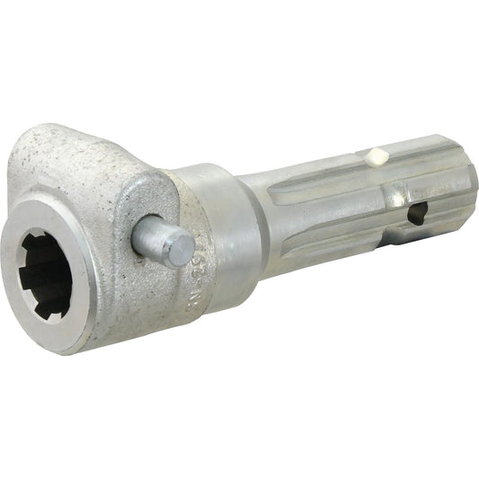 Close-up of the Sparex PTO Adaptor (S.15720) featuring a female spline 1 1/8'' - 6 x male spline 1 3/8'' - 6, equipped with a quick release pin and designed for high-torque applications up to 70HP.