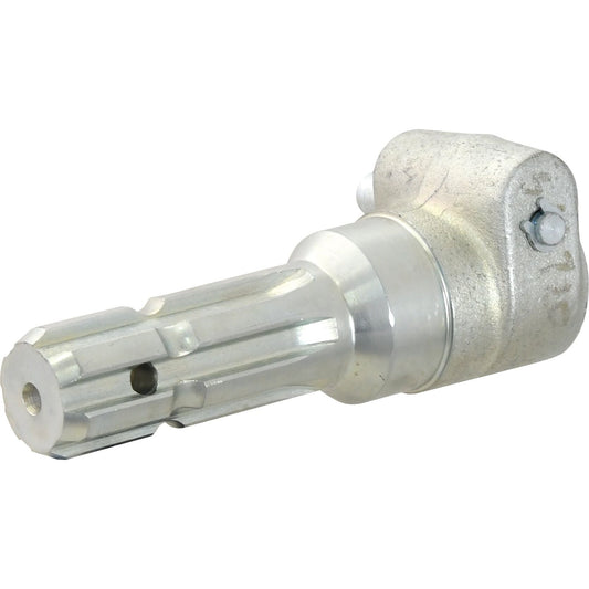 A close-up of the Sparex PTO Adaptor - Female spline 1 1/8'' - 6 x Male spline 1 3/8'' - 6 with Quick Release Pin (S.15720) showcases a metal splined shaft coupling with a cylindrical body and a hole at the end, capable of handling up to 70HP, attached to a rectangular housing. A Quick Release Pin ensures secure and easy detachment.