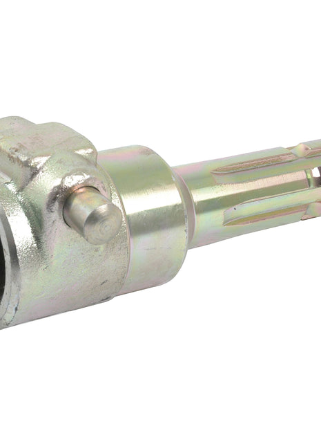 Sparex PTO Adaptor - Female spline 1 3/4'' - 20 x Male spline 1 3/8'' - 6 with Quick Release Pin (S.16247), featuring a metallic cylindrical body, notched interior, quick release pin on its side, and a series of parallel grooves near the end.