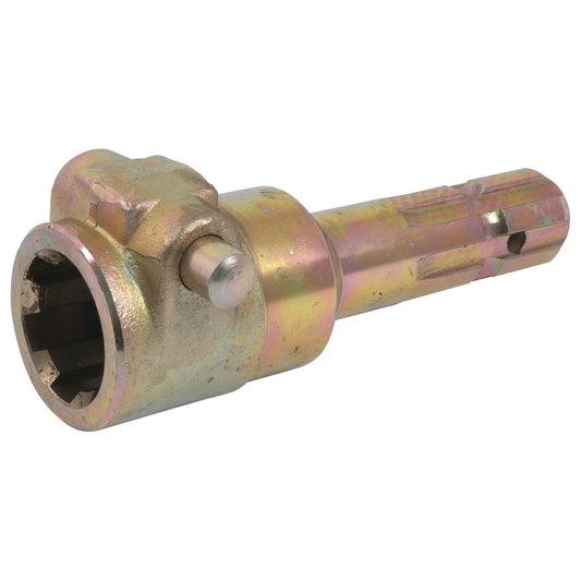 Close-up of a metallic, cylindrical mechanical component with a hollow, hexagonal opening on one end and notches along the body. The piece is slightly rusted and has a reflective surface with a yellowish tint, resembling that of a well-worn Sparex PTO Adaptor - Female spline 1 3/4'' - 6 x Male spline 1 3/8'' - 6 with Quick Release Pin (S.151770).