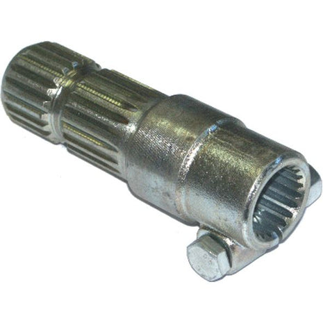 Close-up of a metallic, cylindrical mechanical part with gear teeth on both ends. The component appears to be a PTO Adaptor - Female spline 1 3/8'' - 21 x Male spline 1 3/4'' - 20 with Clamp Bolt (S.23755) by Sparex, used in machinery or automotive applications.