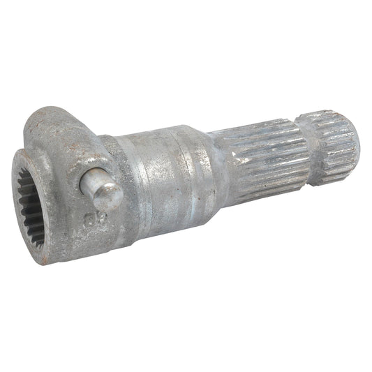 A close-up of the Sparex PTO Adaptor - Female spline 1 3/8'' - 21 x Male spline 1 3/8'' - 21 with Quick Release Pin (S.15907), a heavy-duty, metallic, cylindrical mechanical part featuring a splined shaft and a protruding quick release pin on one side, designed for equipment over 70HP.