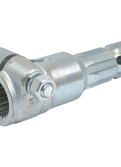 A heavy-duty Sparex PTO Adaptor (S.15866), featuring a hexagonal end, a threaded bolt, and a cylindrical base with internal gear teeth, designed for applications over 70HP with specifications of Female spline 1 3/8'' - 21 x Male spline 1 3/8'' - 6 with Clamp Bolt.