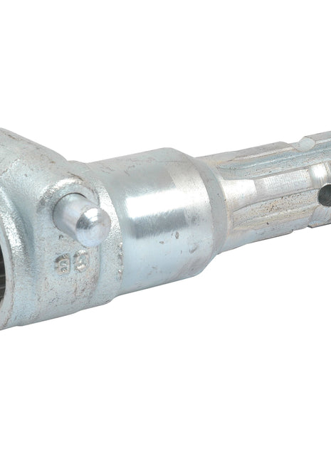 The Sparex PTO Adaptor - Female spline 1 3/8'' - 21 x Male spline 1 3/8'' - 6 with Quick Release Pin (S.15865) is a heavy-duty cylindrical metal splined shaft coupling, featuring both external and internal gear-like ridges for secure mechanical connections, and includes a quick release pin for easy assembly.