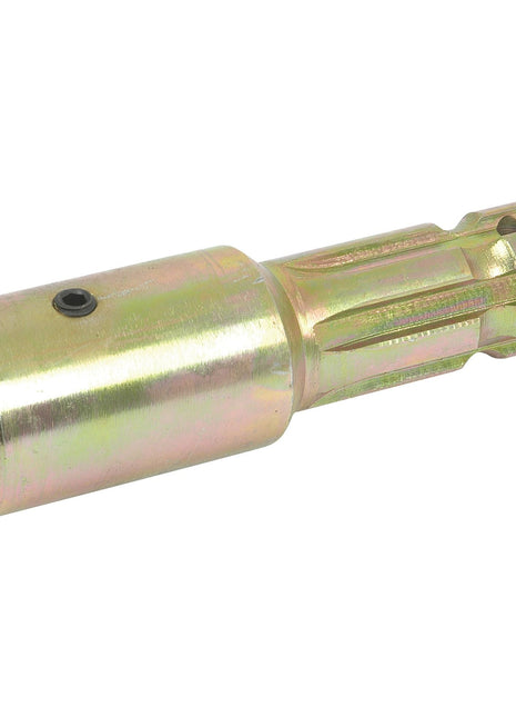 The Sparex PTO Adaptor - Female spline 1 3/8'' - 21 x Male spline 1 3/8'' - 6 with - S.256, is a metallic cylindrical mechanical part featuring internal and external grooves, a small black screw on the side, and precise spline diameter specifications for enhanced compatibility.